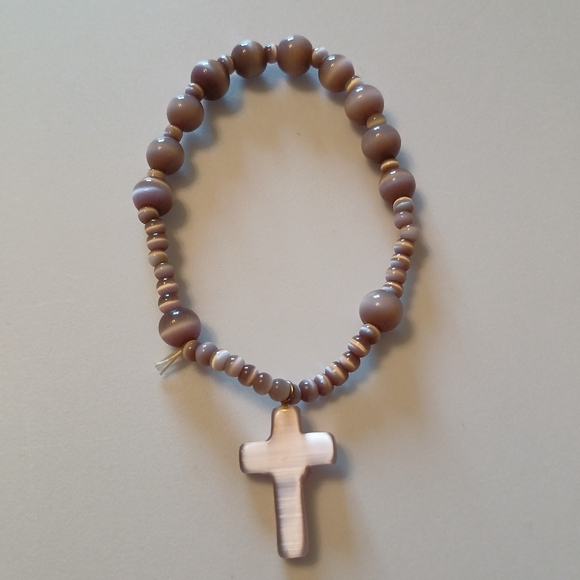 Stylish Brown Rosary Beads Prayer Bracelet Religious Cross Pendant - Picture 1 of 8
